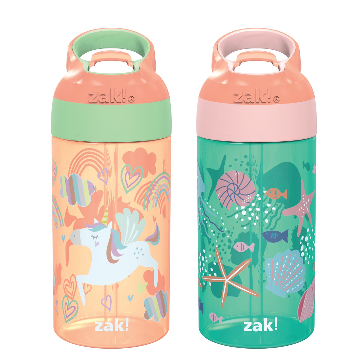 2pc 16 oz Kids Water Bottle Plastic with Flip Straw Spout Cover and Carry Handle K6916