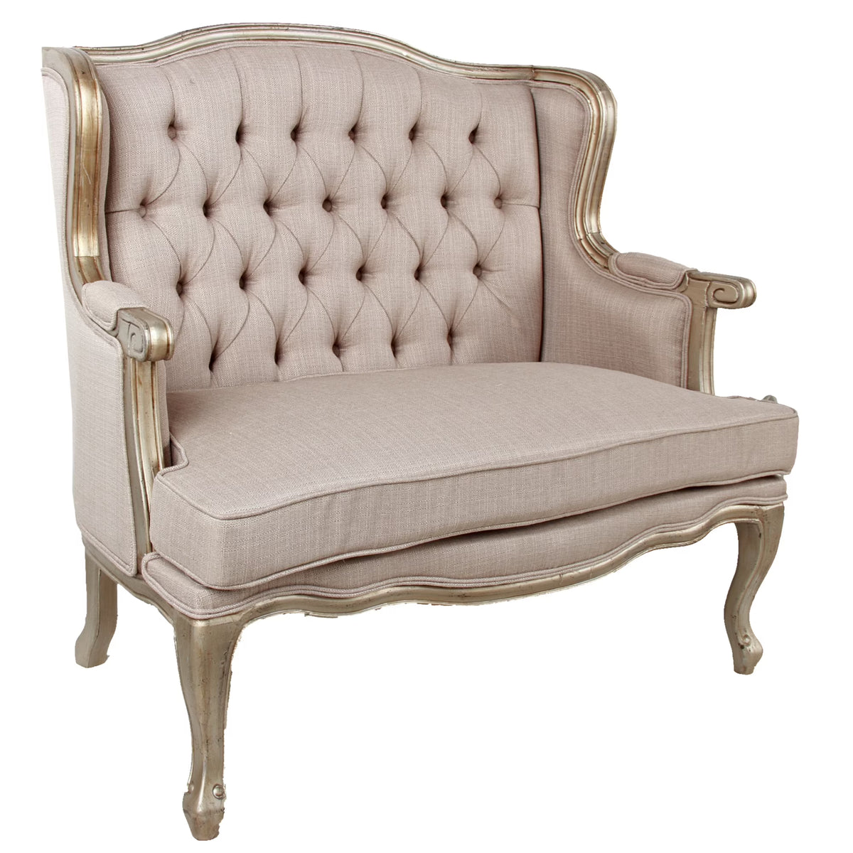 Beige and Gold Fabric Upholstered Rubber Wood Settee with Cabriole Legs O281