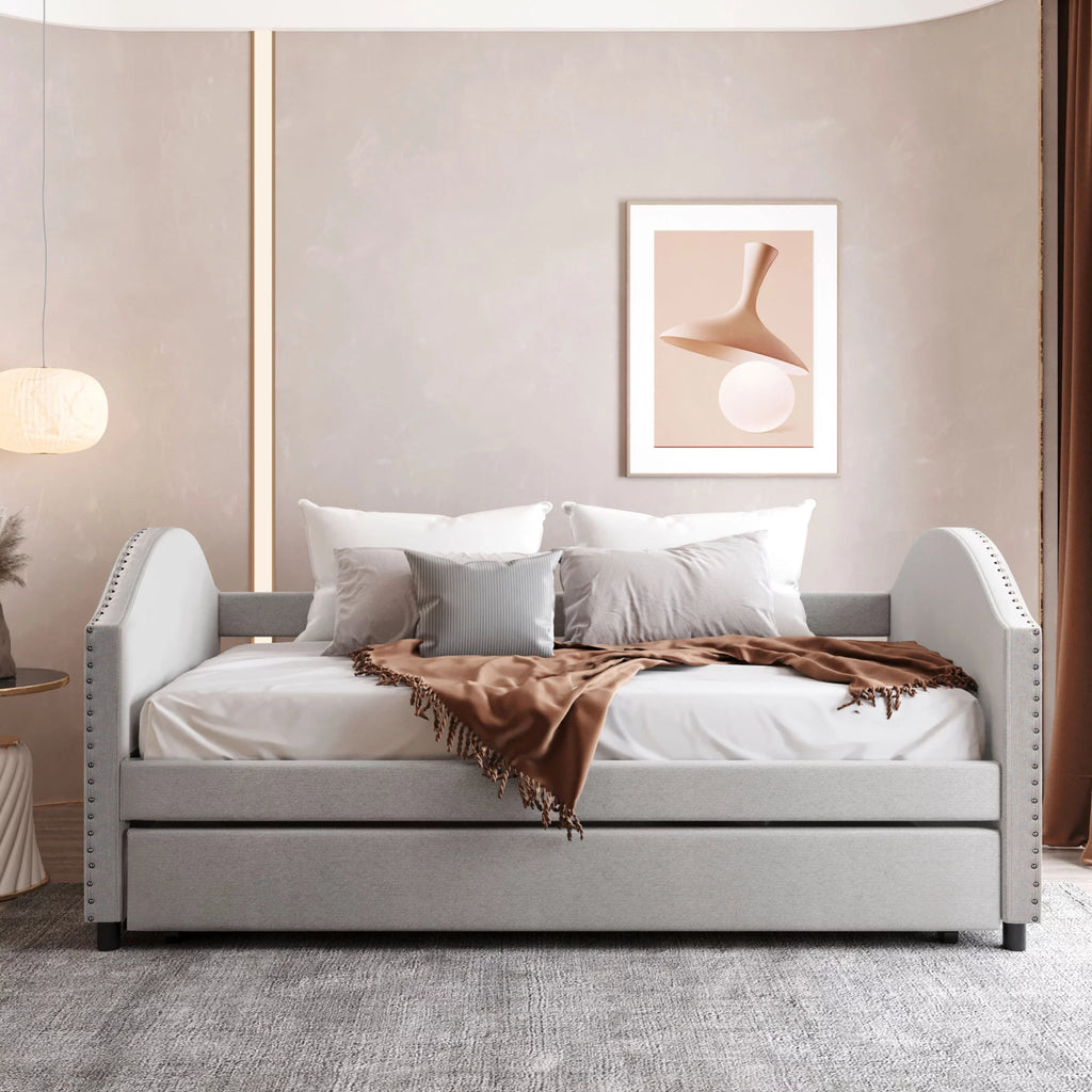 Beige Twin Size Upholstered Daybed with Trundle H40542