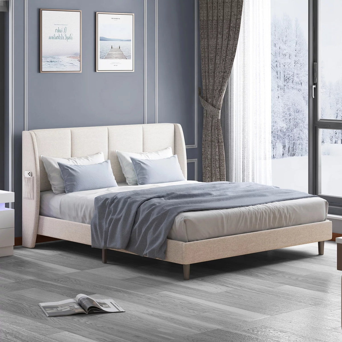 Full Size Beige Platform Bed Frame with 2 Side Pockets S772736