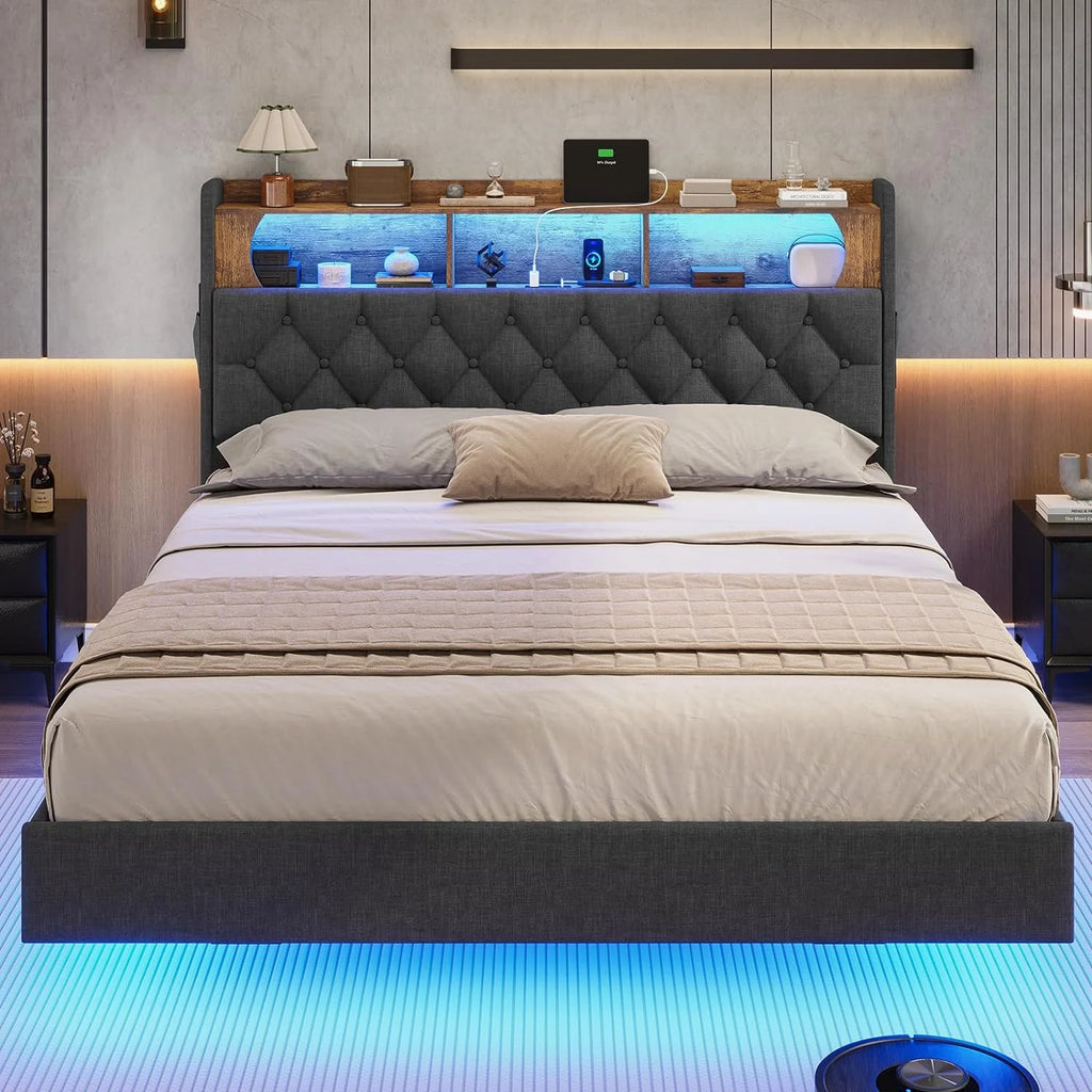 Queen Size Upholstered Platform Bed Frame with Bookcase Headboard T906