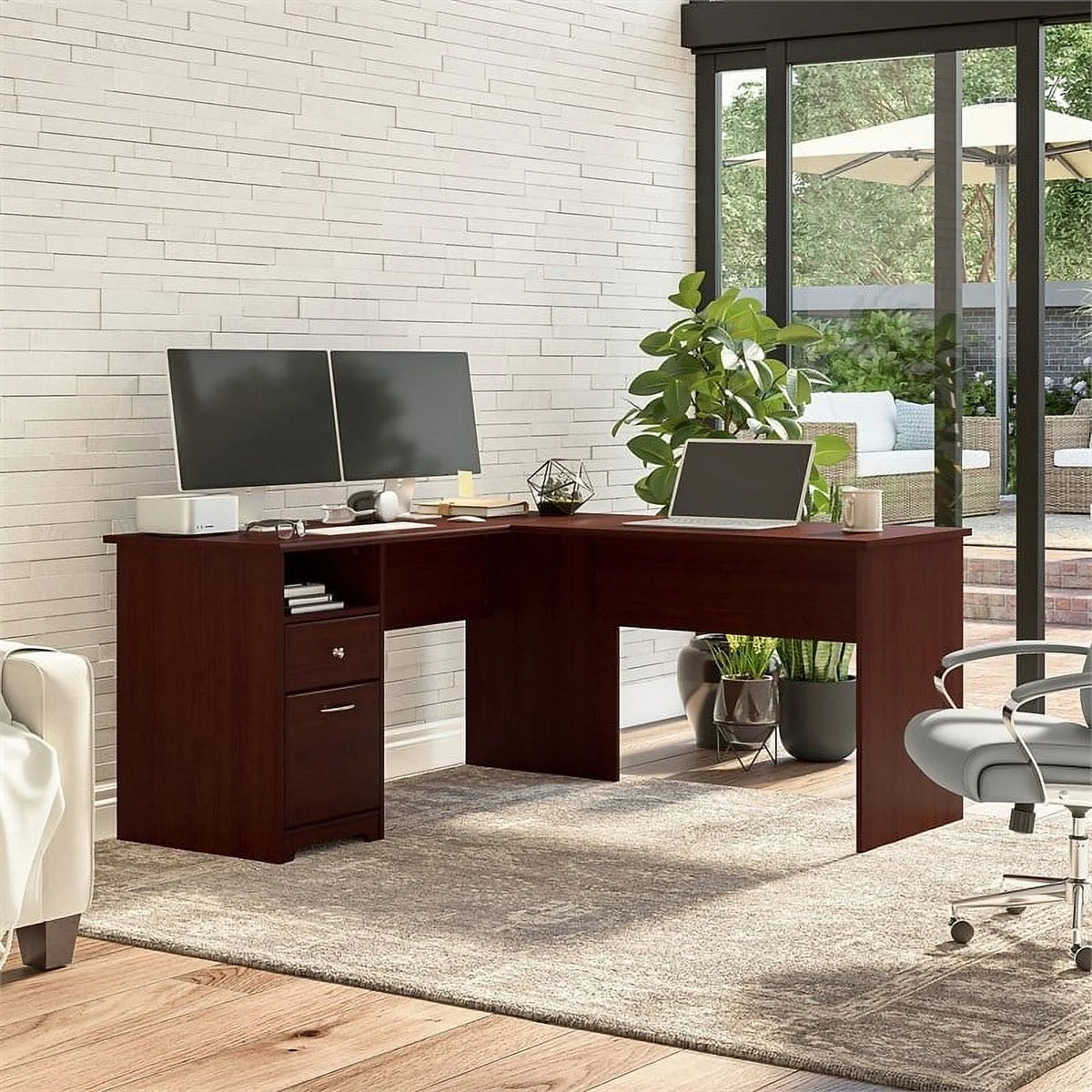 60" Harvest Cherry L Shaped Wood Computer Desk Y2105