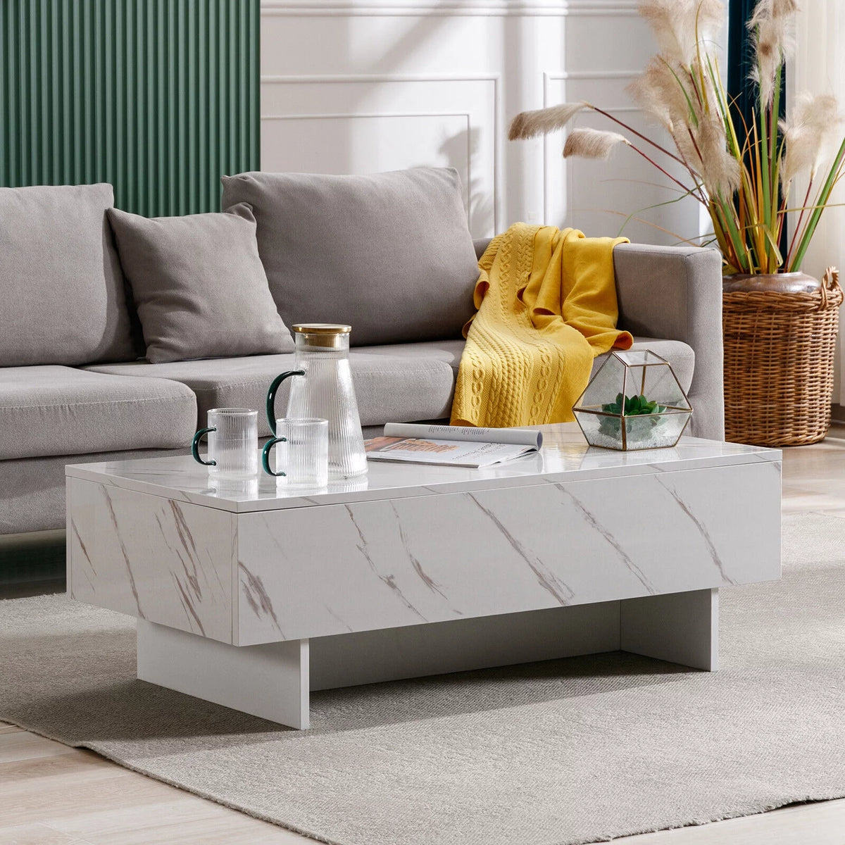 High Gloss White Marble Rectangle Coffee Table N778096