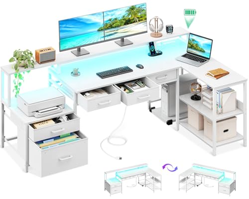 White L Shaped Desk with 5 File Drawers B876