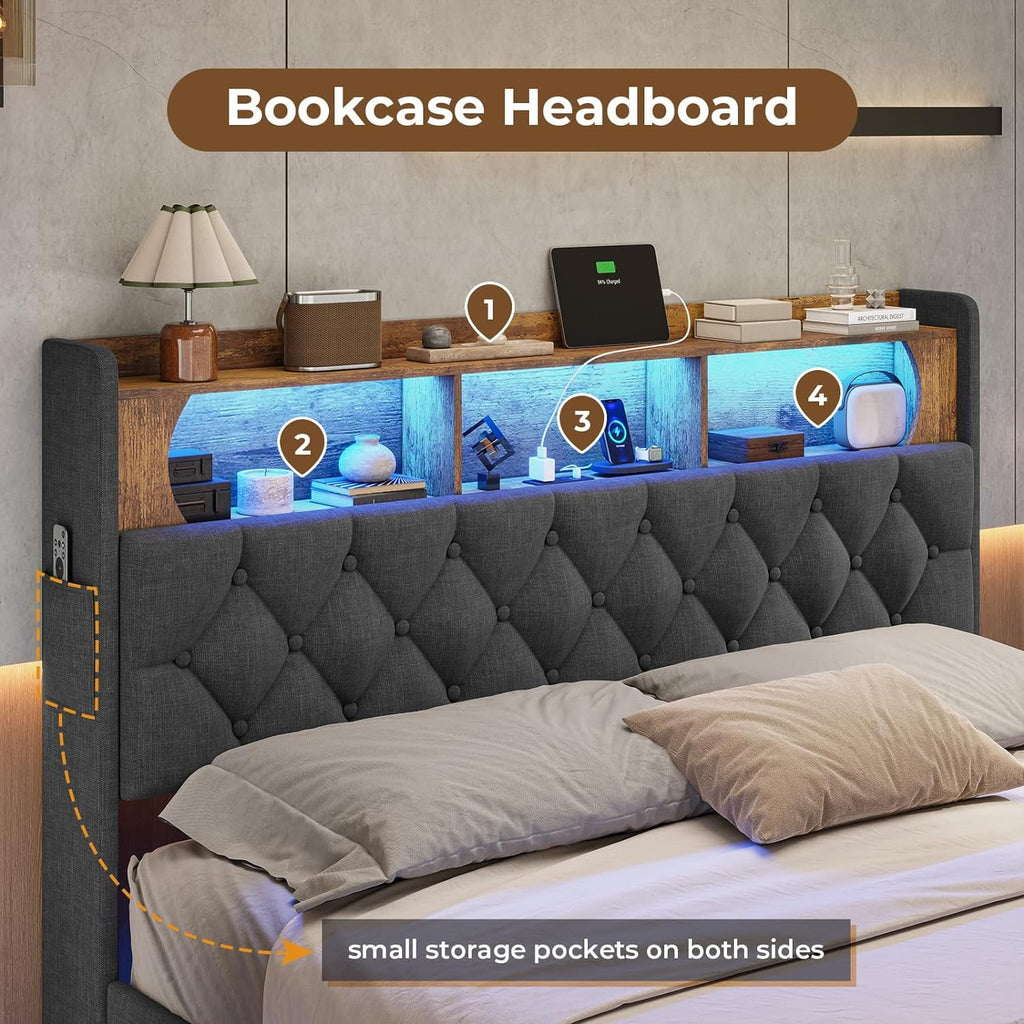 Queen Size Upholstered Platform Bed Frame with Bookcase Headboard T906