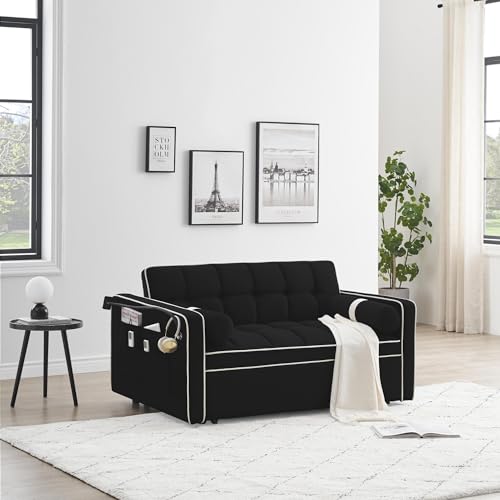 Beige Convertible Couch with Pullout Bed Sleeper Sofa A96140