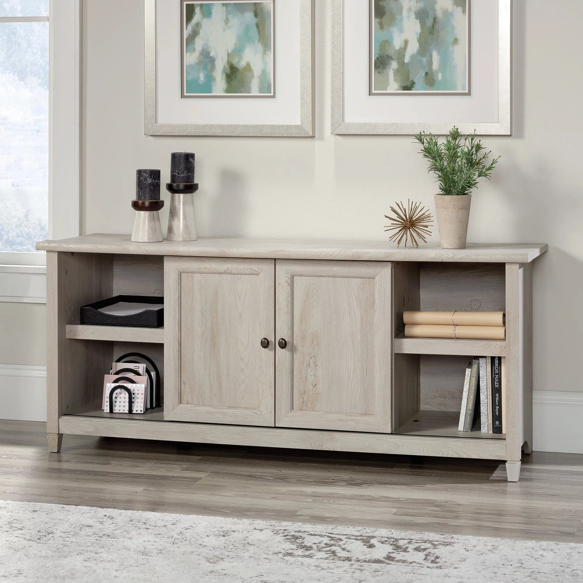 Chalked Chestnut Finish TV Stand with Shelves & Sliding Doors V87402
