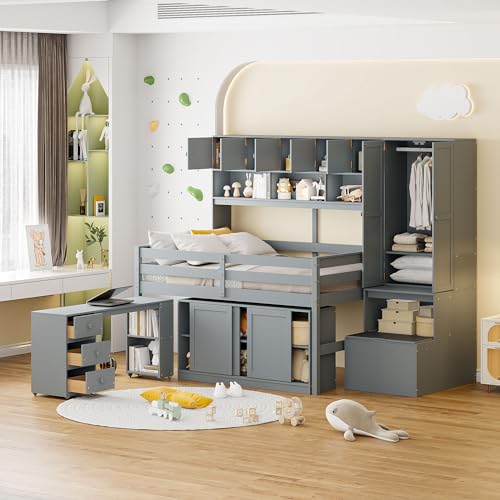 Gray Full Size Wood Loft Bed with Desk and Storage E71282