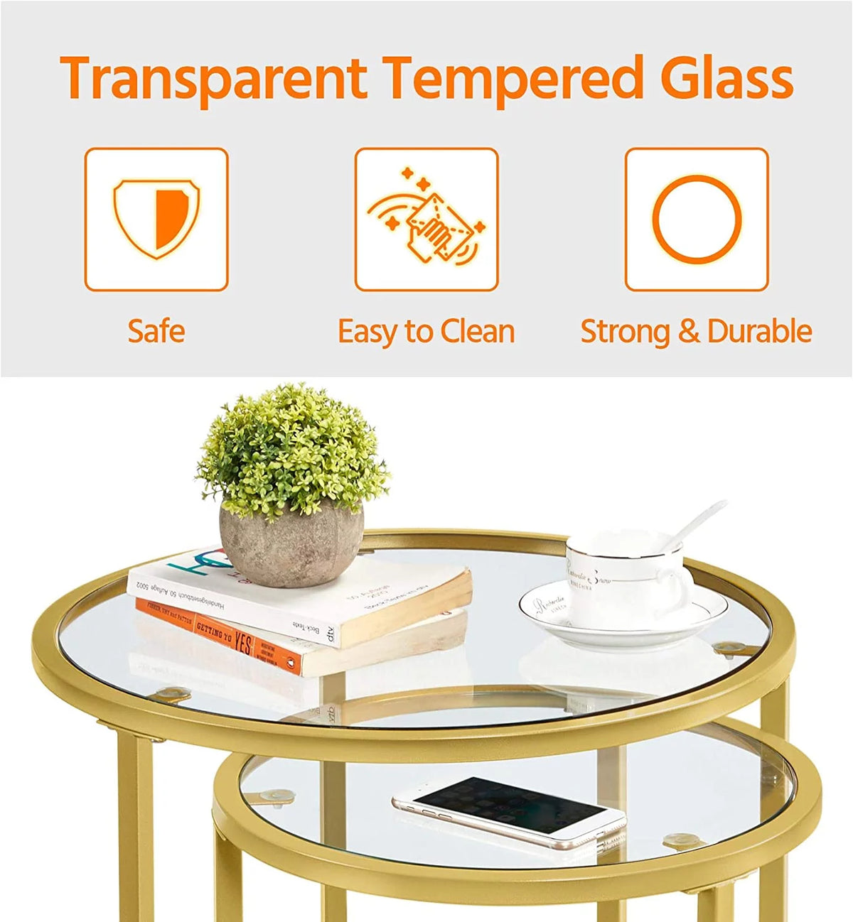 Set of 2 Round Nesting Side Table Metal Frame Tempered Glass V521