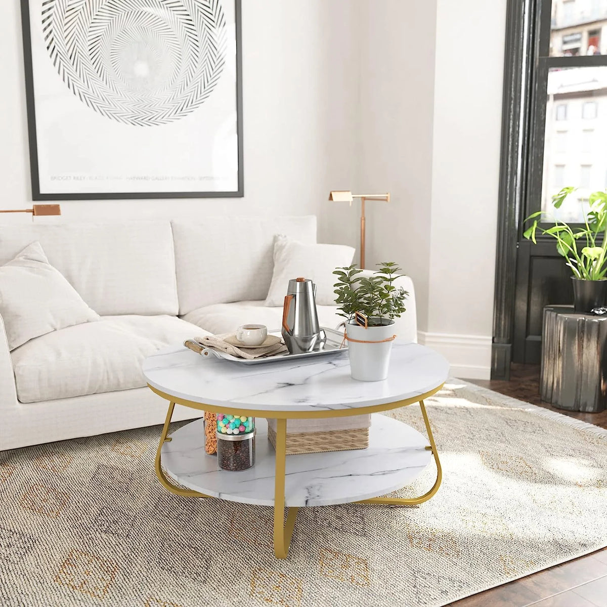 Round Storage Coffee Table 35.8 Inch Industrial Wood with Metal Frame B243323