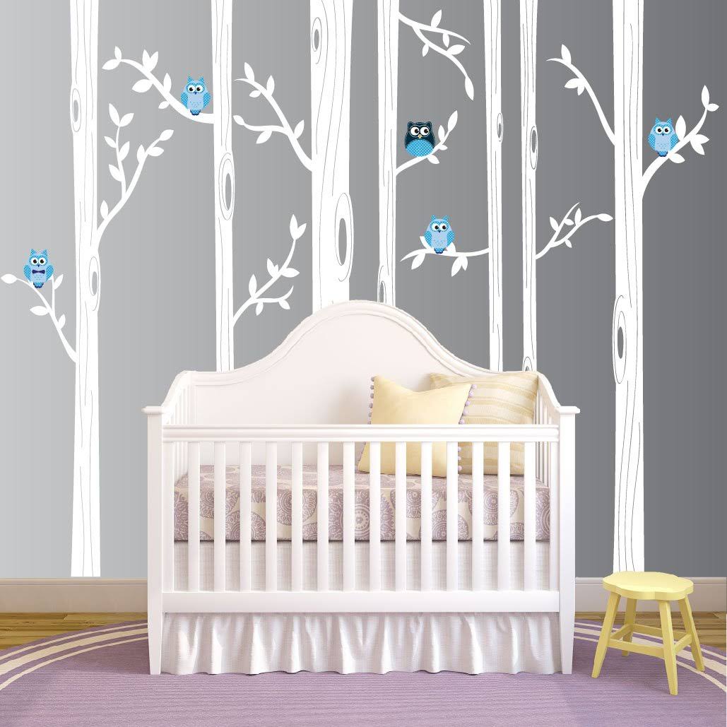 Blue Birch Tree Wall Decal with Owl Birds Forest P794490