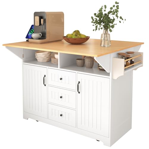 Large Kitchen Island Cart with 2 Drop Leaf, Mobile Dining Table with Storage Cabinet, Rolling Kitchen Cart with Power Outlets, 3 Drawers, Spice & Towel Rack Q84091