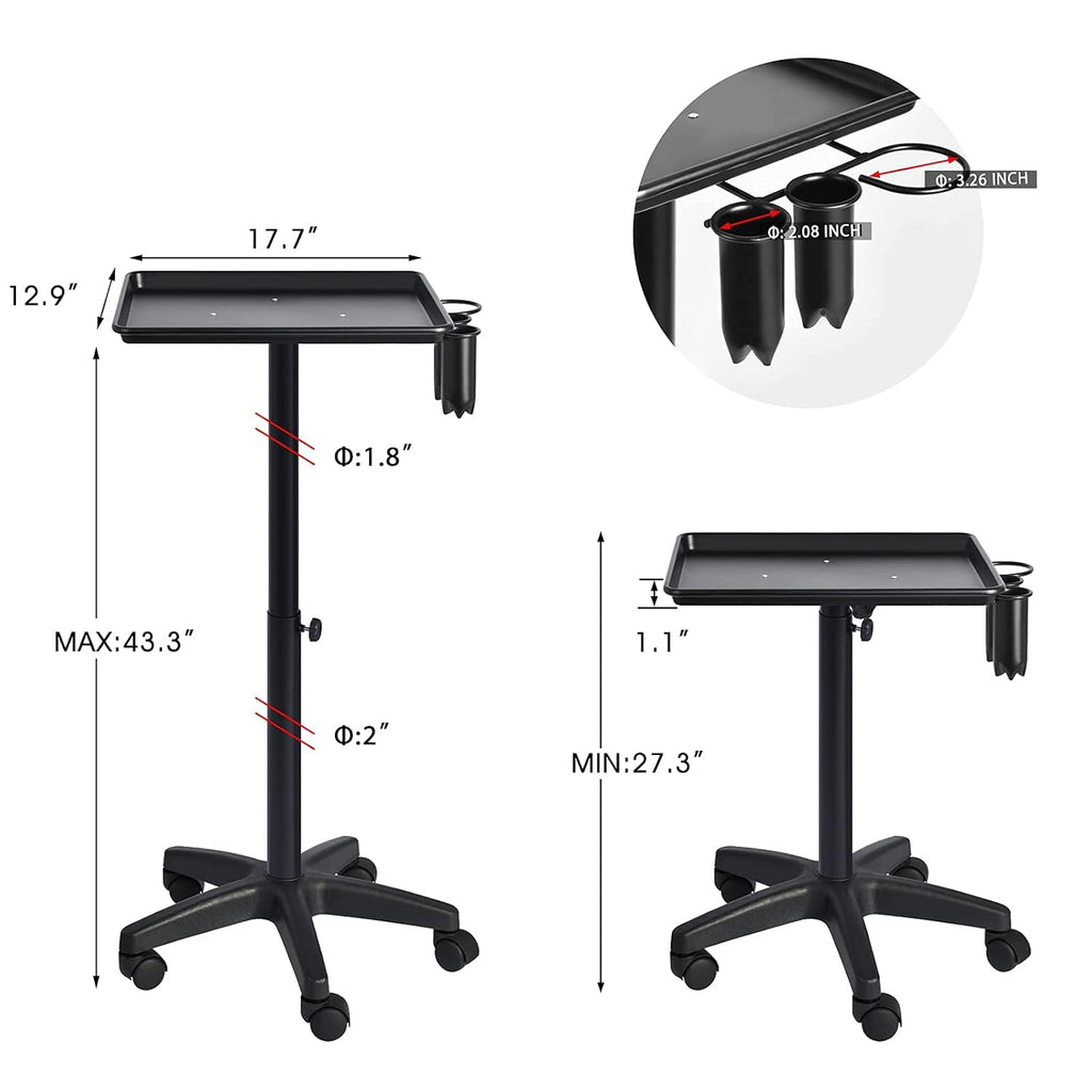 Rolling Salon Tray with 2 Cups and Metal Loop, Adjustable Height, Black A588