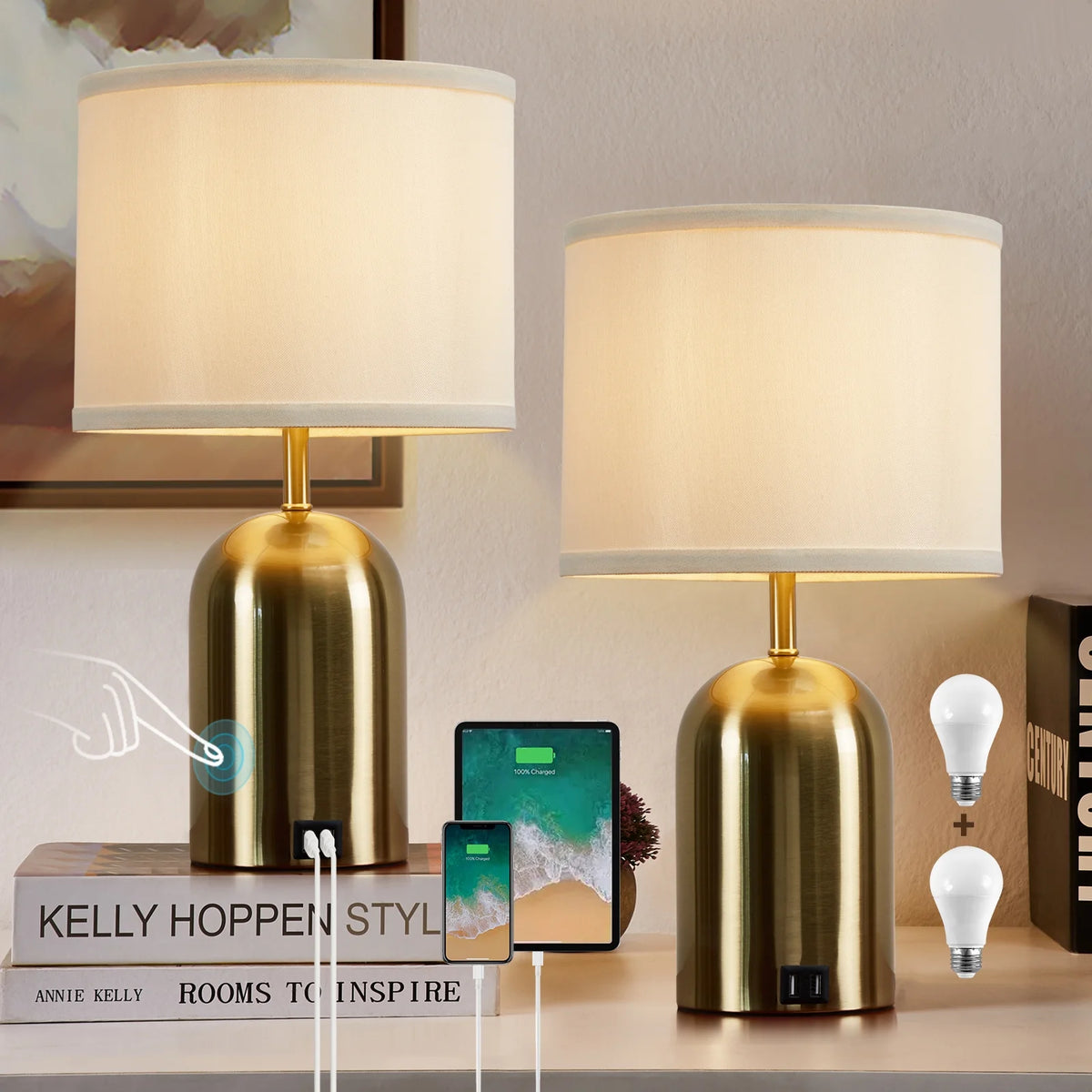 Touch Control Table Lamps Set of 2, 3 Way Dimmable with USB Charging Ports G888