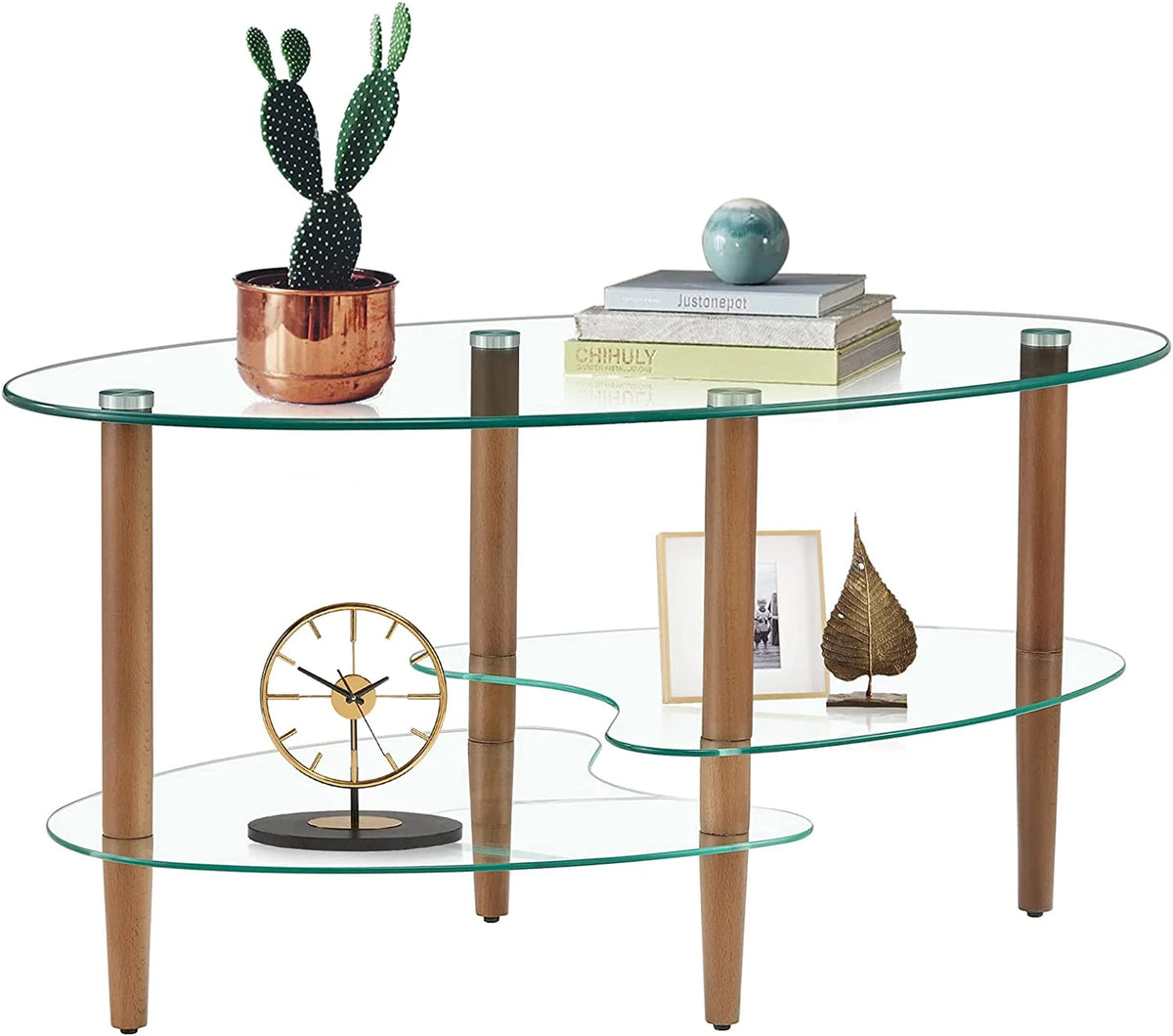 Oval Glass Coffee Table with Oak Wood Legs P931