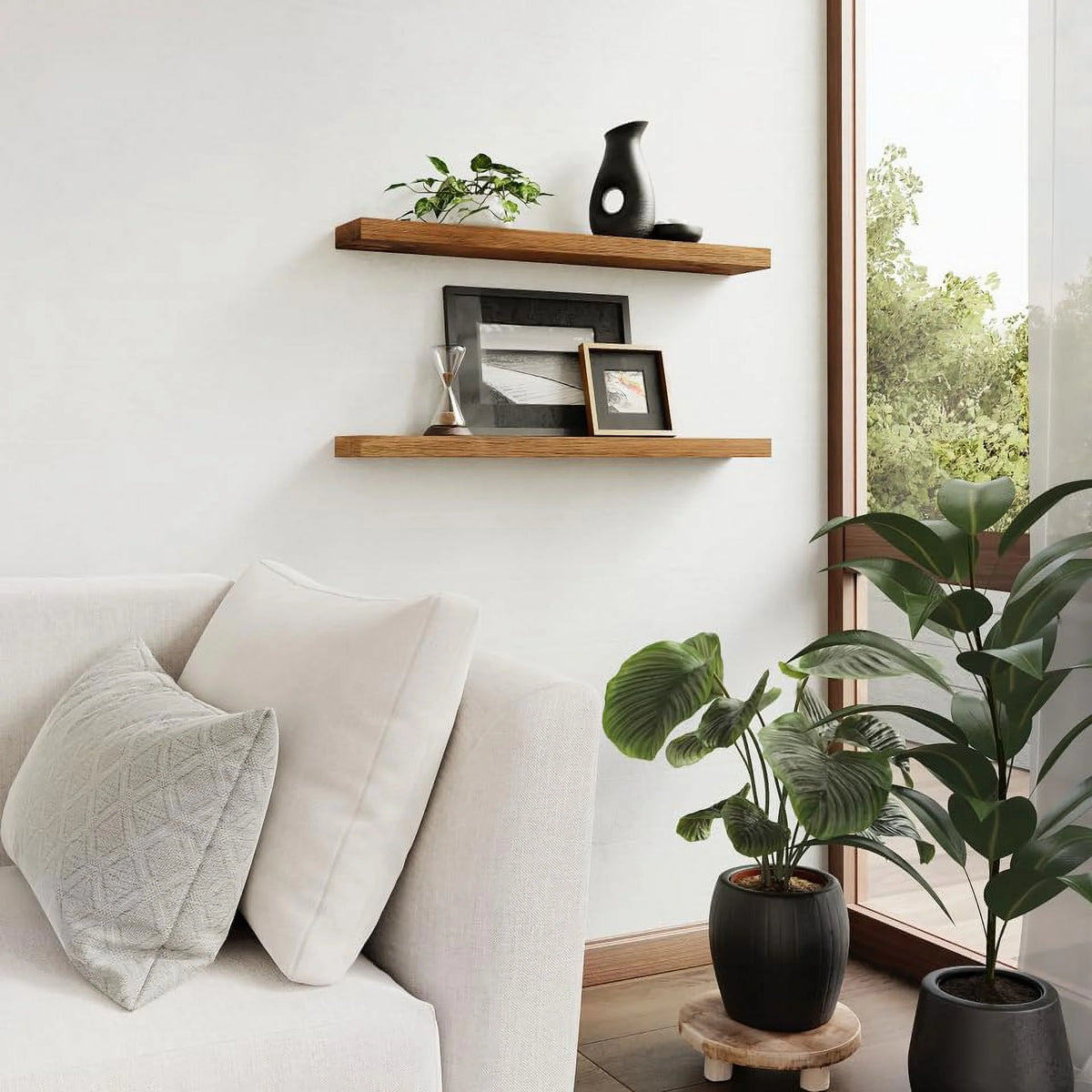 Set of 2 Light Walnut Wooden Floating Wall Shelves Z365