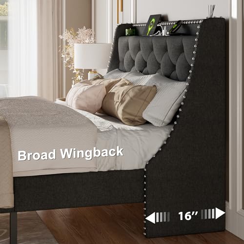 Full Wingback Upholstered Storage Headboard Bed Frame U2589