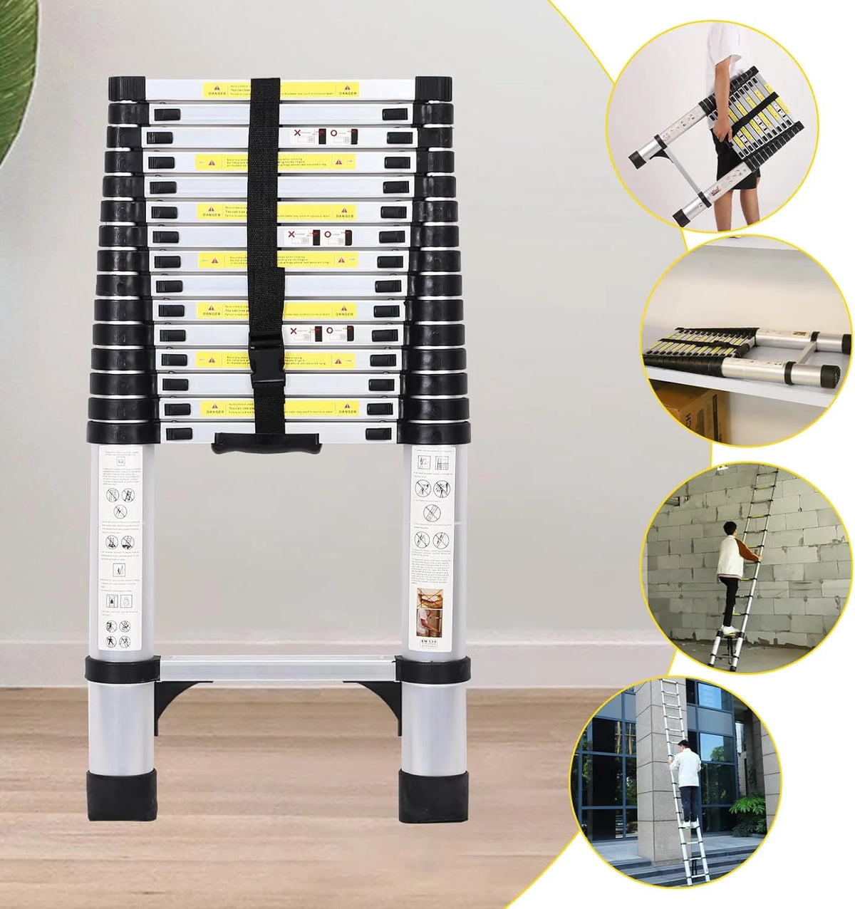 14.5FT Telescoping Aluminum Extension Ladder with Triangular Stabilizer G6185