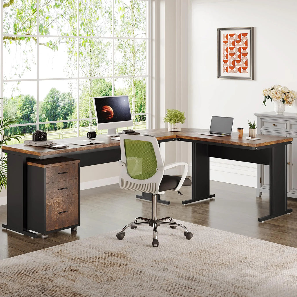 83" L-Shaped Executive Desk with 3-Drawer File Cabinet O8244