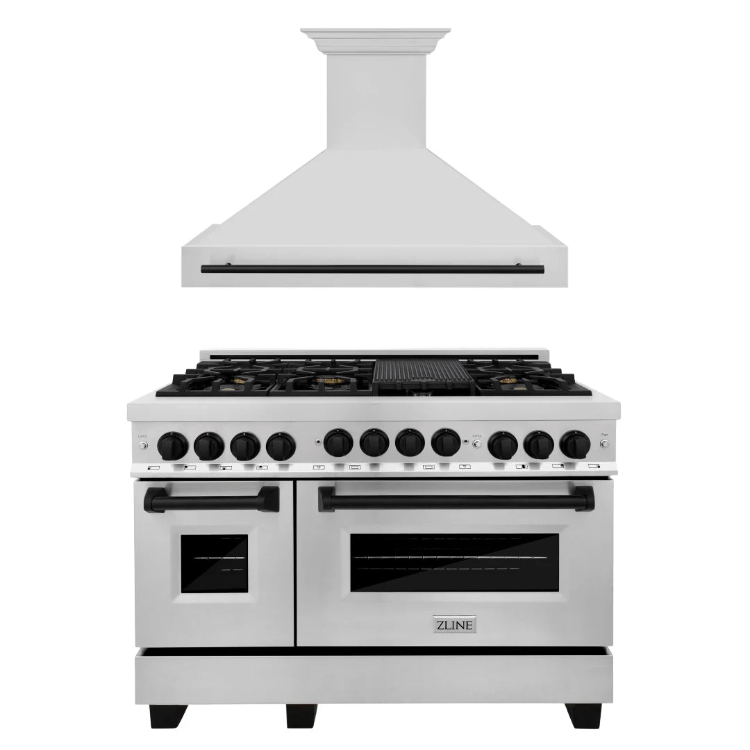 48 In. Gas Range and Range Hood in Stainless Steel with Matte Black Accents Z97371