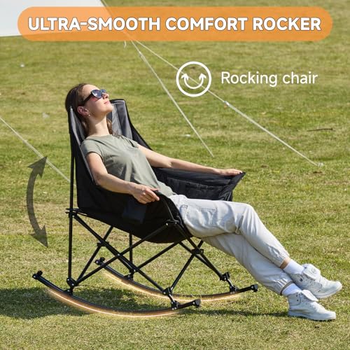 Oversized Padded Folding Rocking Camping Chair with Cup Holder and Carry Bag, Gray U692797