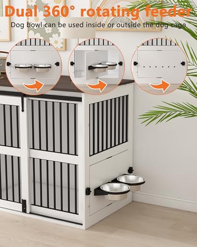 84.5" Double Medium Dog Crate Furniture with Drawer and Cabinet, Barn Sliding Doors, Rotatable Dog Bowls Feeder X985381