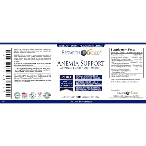 Anemia Support Iron Vitamin C Vitamin A B12 Folate BioPerine 60 Capsules J654230