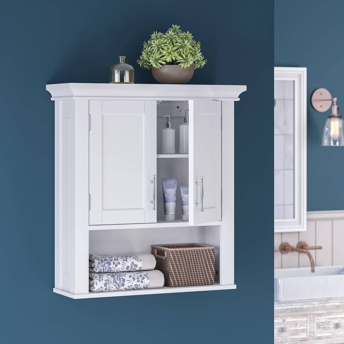 White Two Door Wall Cabinet with Open Shelf F58480