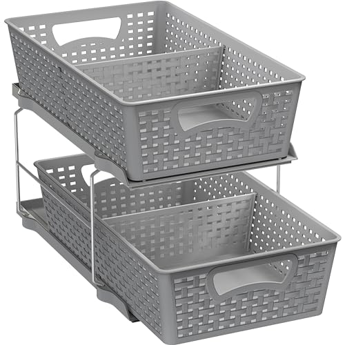 2 Tier Bathroom Organizer Tray Pull-Out Sliding Drawer Under-Sink Storage, Brown N347