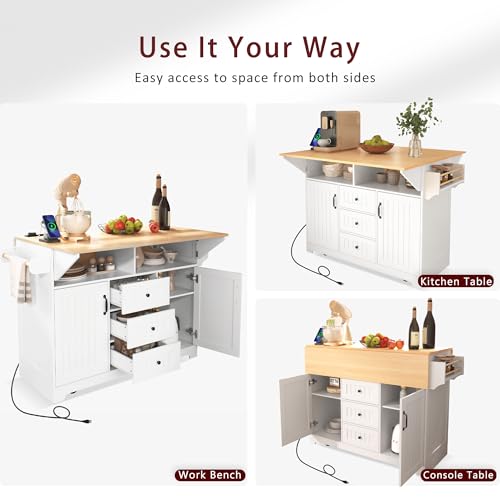 Large Kitchen Island Cart with 2 Drop Leaf, Mobile Dining Table with Storage Cabinet, Rolling Kitchen Cart with Power Outlets, 3 Drawers, Spice & Towel Rack Q84091