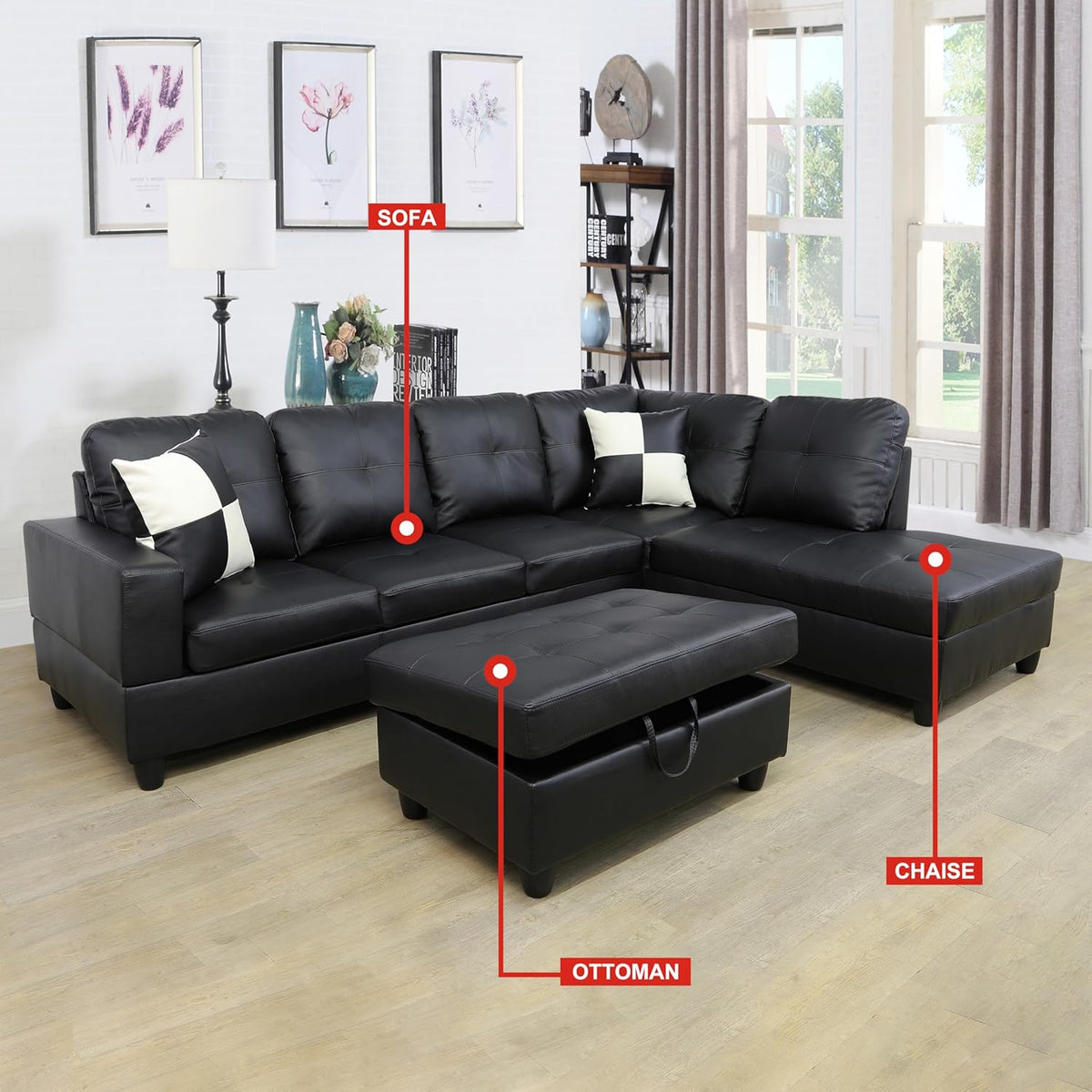 Black Faux Leather 3 Piece L Shape Sectional Sofa Set with Storage Ottoman F696