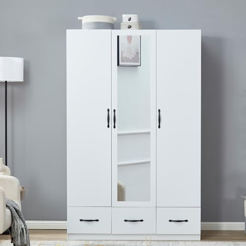 White 3-Door Wood Armoire Wardrobe with 3 Drawers T73464