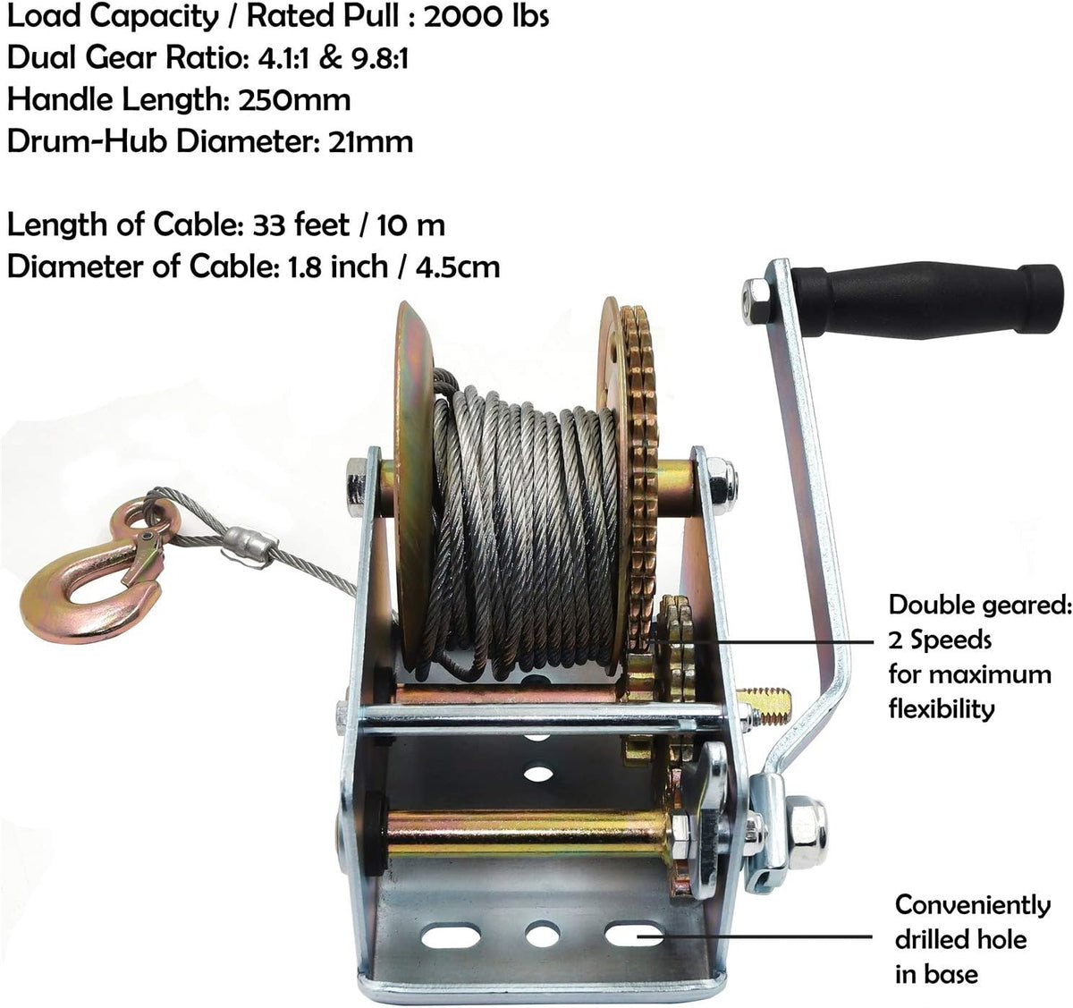 2000Lbs Dual Gear Hand Winch with 33FT Steel Cable Pack of 2 F890026
