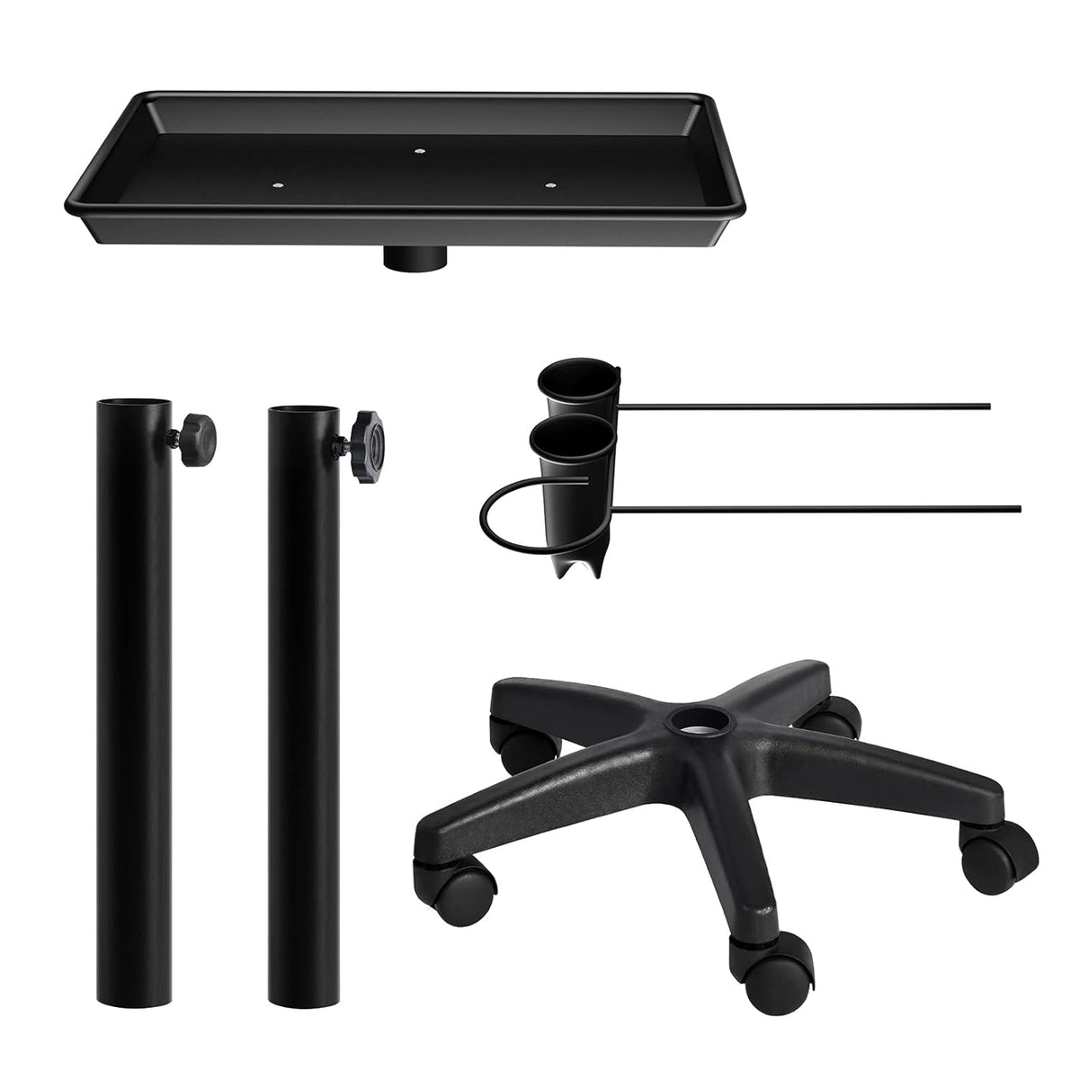Rolling Salon Tray with 2 Cups and Metal Loop, Adjustable Height, Black A588