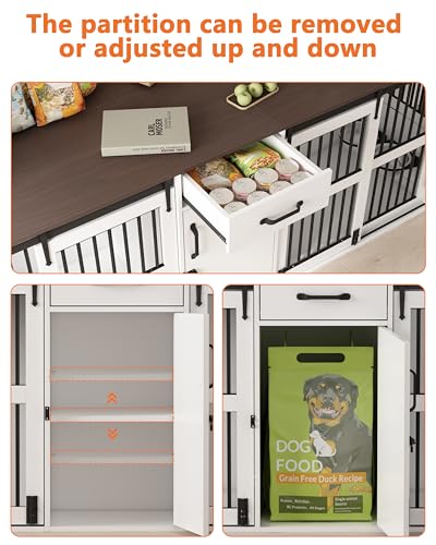 84.5" Double Medium Dog Crate Furniture with Drawer and Cabinet, Barn Sliding Doors, Rotatable Dog Bowls Feeder X985381