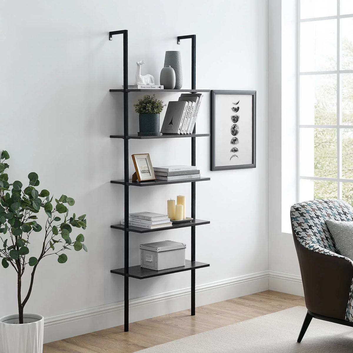 5 Tier Black Wall Mount Bookshelf Z24443