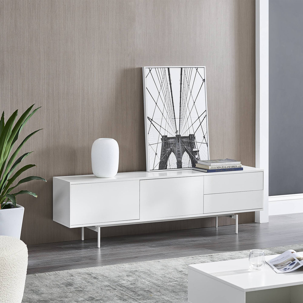White 70.9x22 TV Console with Soft-Close Doors Y8069
