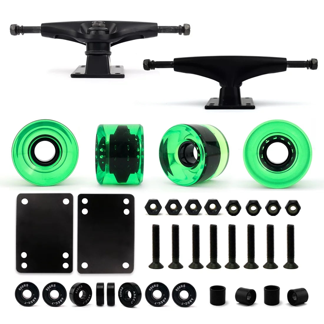 5 inch Black Skateboard Trucks and 60mm Gel Green Wheels Set E102040