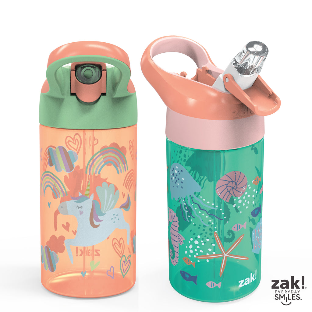 2pc 16 oz Kids Water Bottle Plastic with Flip Straw Spout Cover and Carry Handle K6916