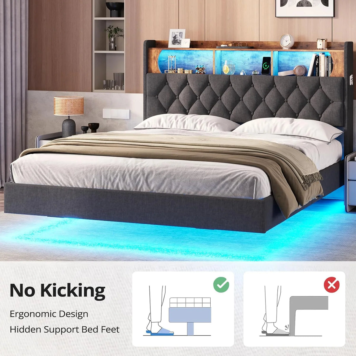 Queen Size Upholstered Platform Bed Frame with Bookcase Headboard T906