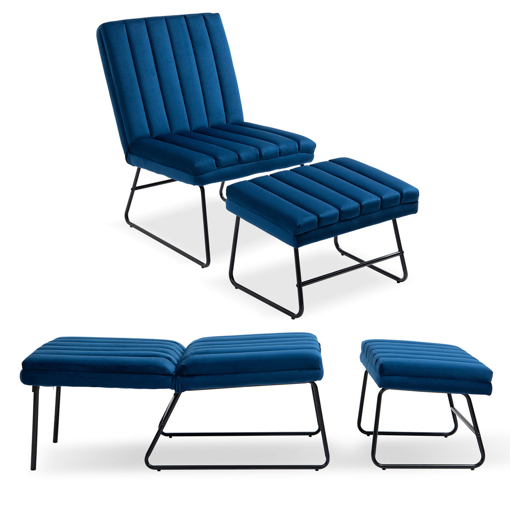 Dark Blue Velvet Lounge Chair Set with Adjustable Backrest and Ottoman U163546