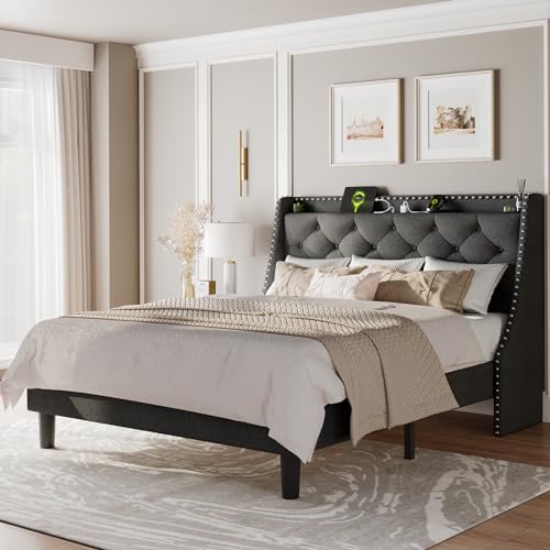 Full Wingback Upholstered Storage Headboard Bed Frame U2589