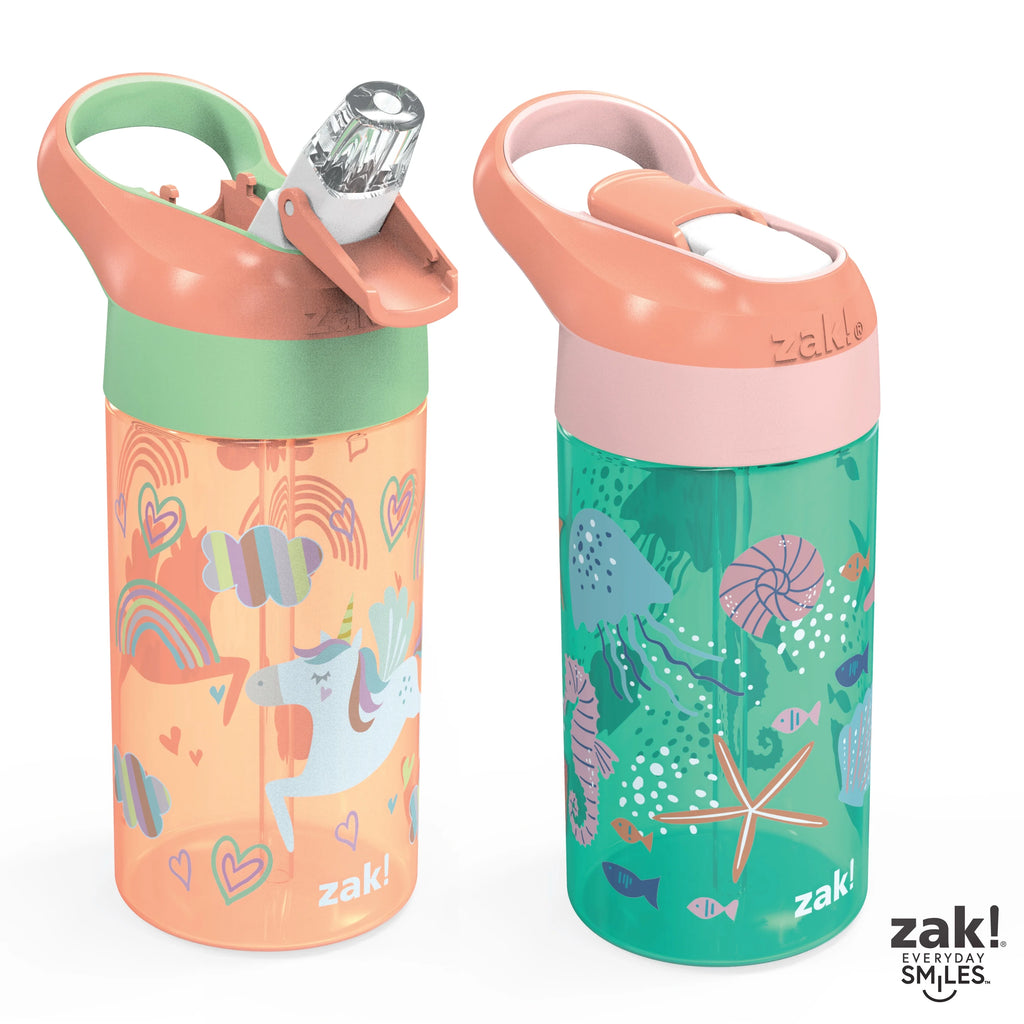 2pc 16 oz Kids Water Bottle Plastic with Flip Straw Spout Cover and Carry Handle K6916