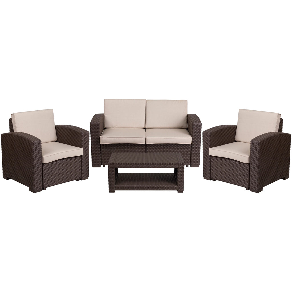 4 Piece Brown Faux Rattan Patio Furniture Set with Beige Cushions H305