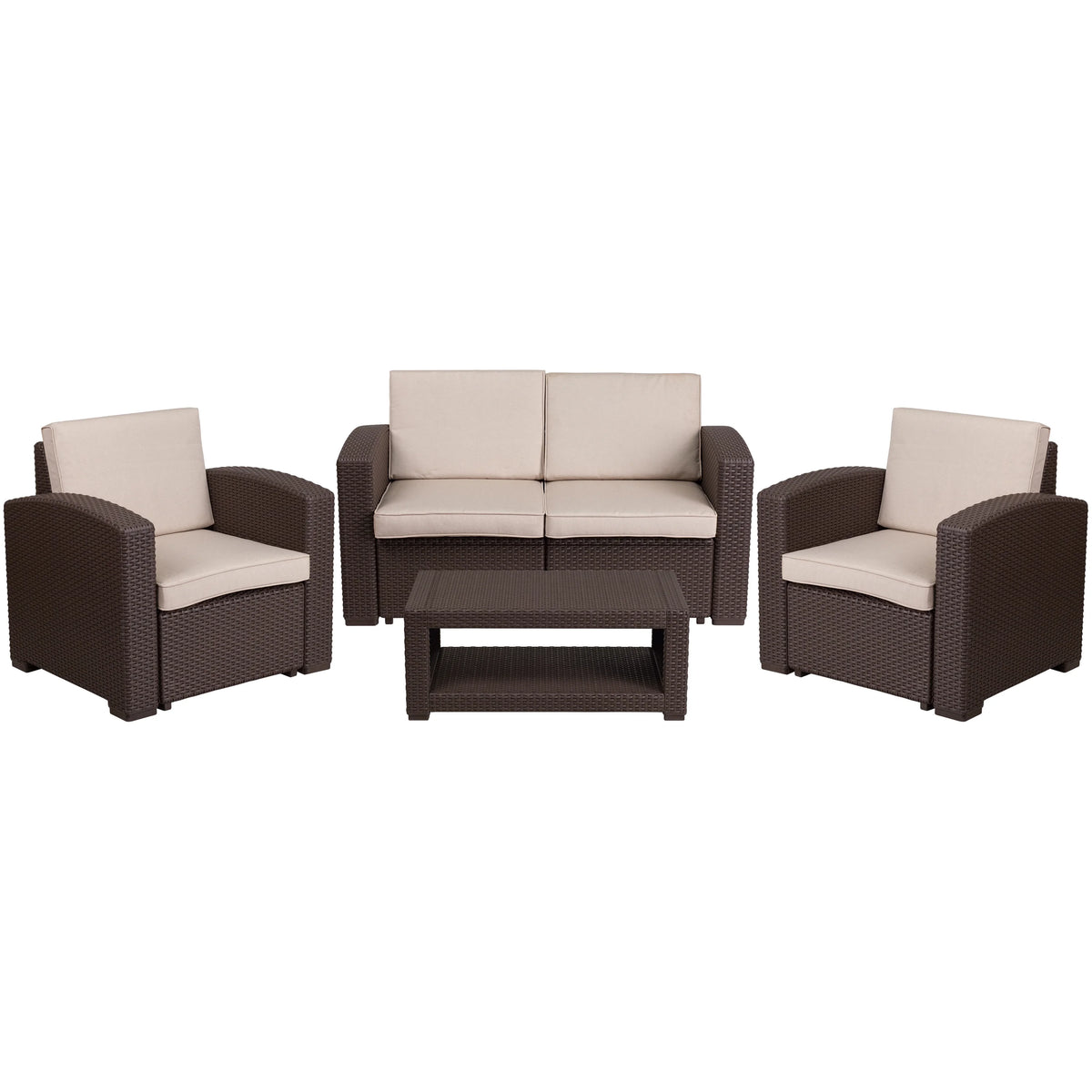 4 Piece Brown Faux Rattan Patio Furniture Set with Beige Cushions H305