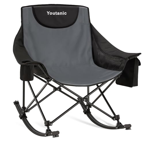 Oversized Padded Folding Rocking Camping Chair with Cup Holder and Carry Bag, Gray U692797
