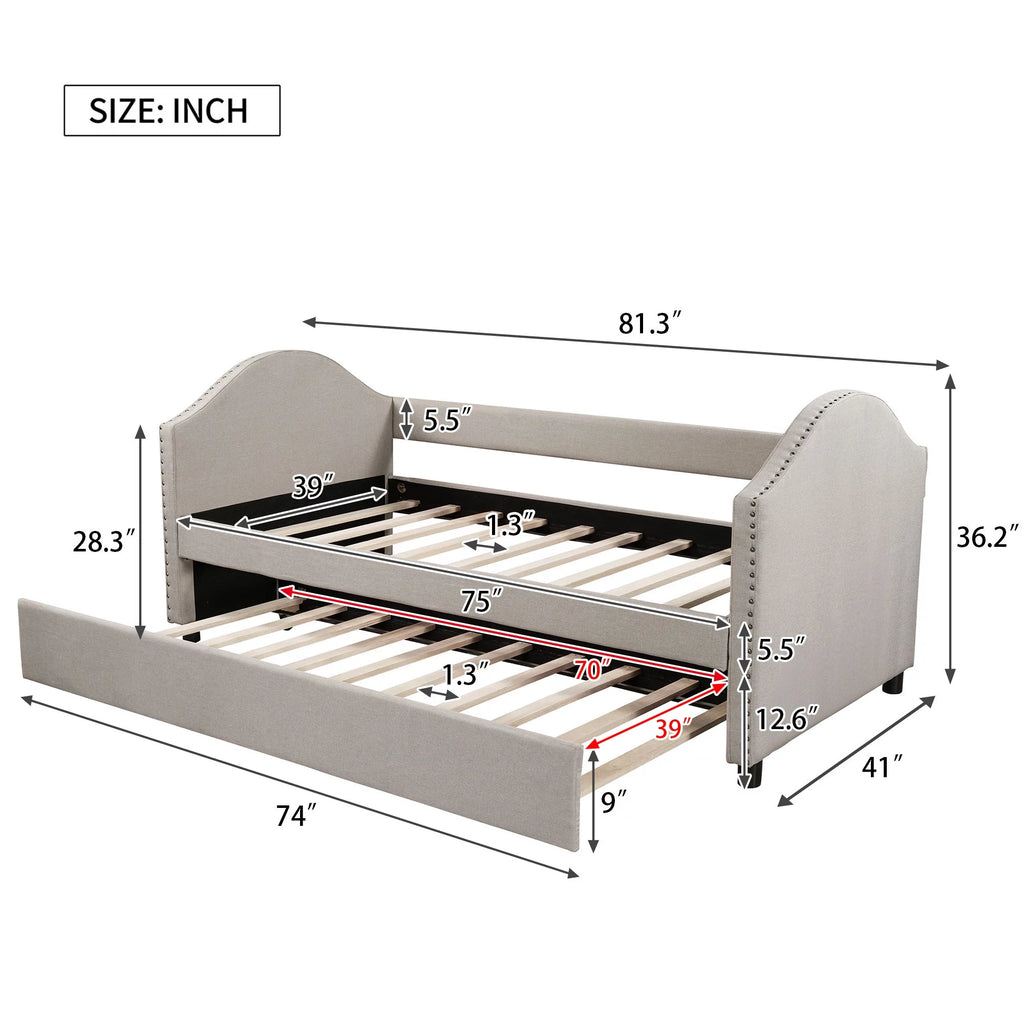 Beige Twin Size Upholstered Daybed with Trundle H40542