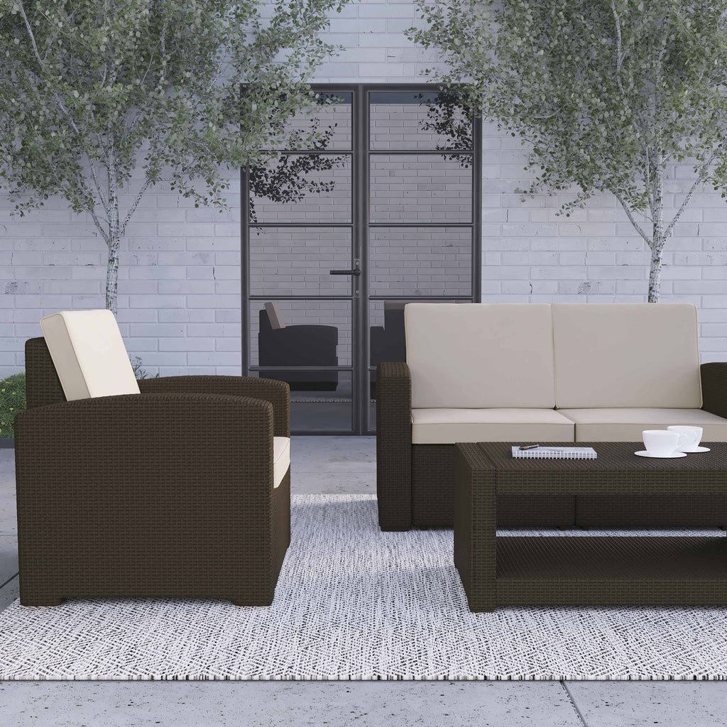 4 Piece Brown Faux Rattan Patio Furniture Set with Beige Cushions H305