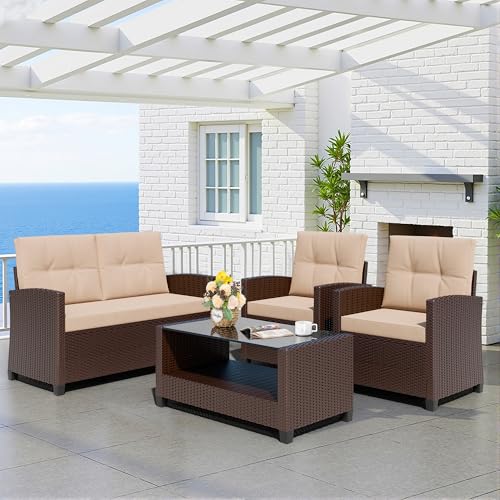4 Piece Brown and Khaki Rattan Patio Furniture Set with Coffee Table D39734