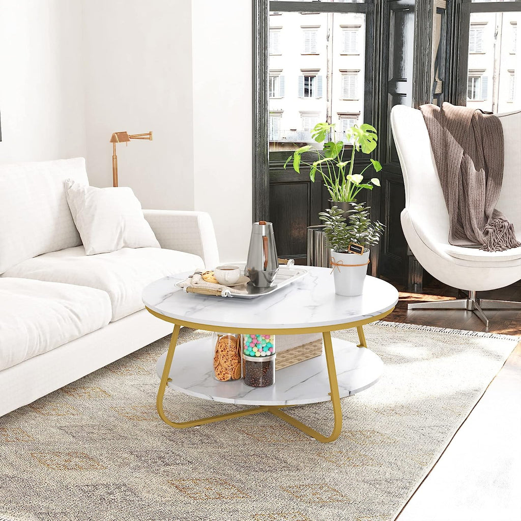 Round Storage Coffee Table 35.8 Inch Industrial Wood with Metal Frame B243323